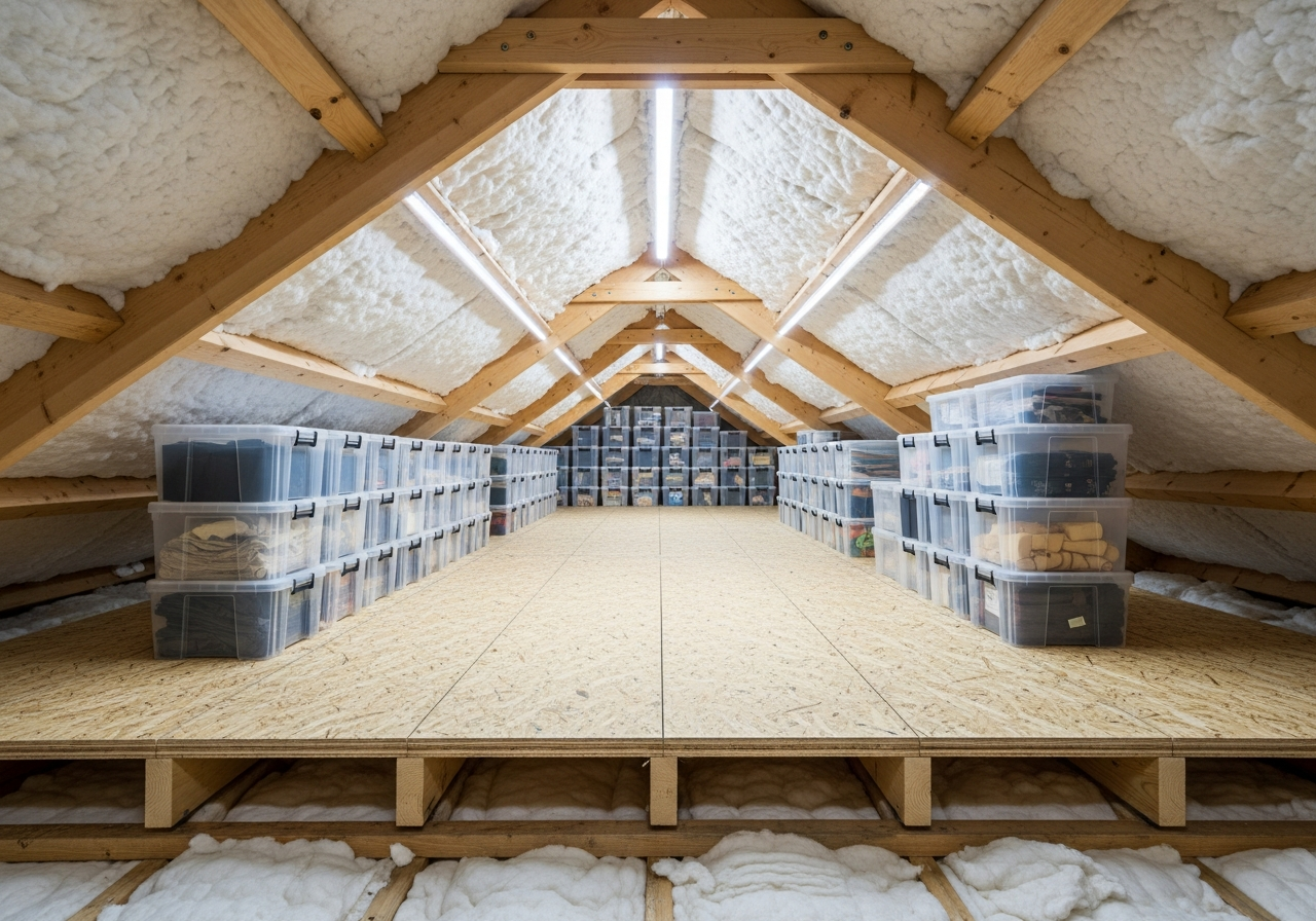 Raised loft boarding system installed above insulation