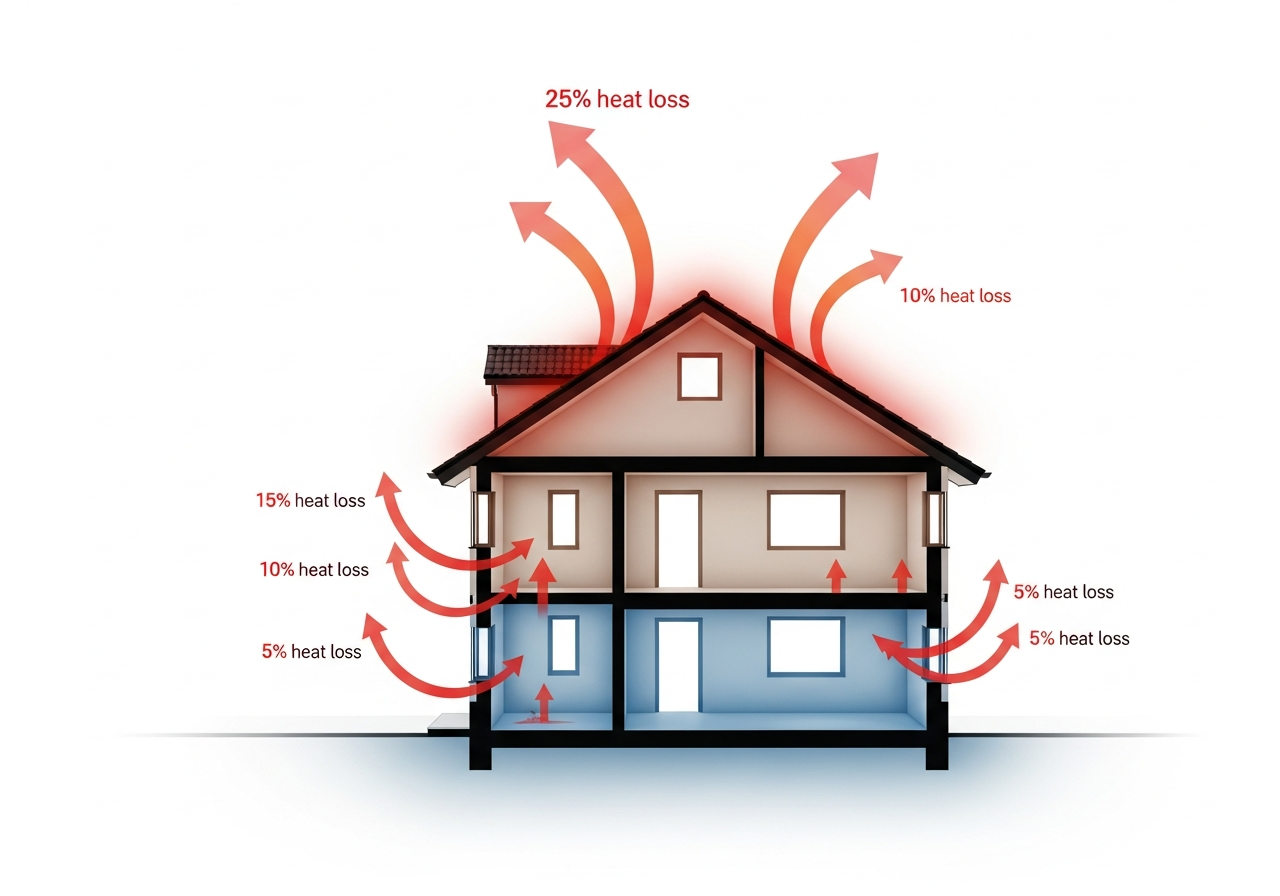 Diagram showing 25% of home heat escaping through an uninsulated roof