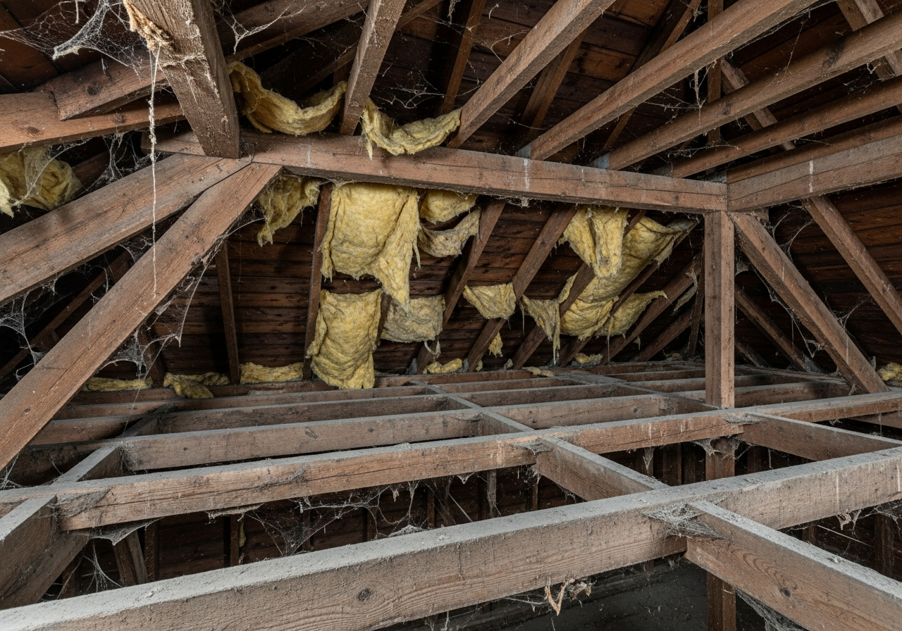 Before: old, degraded loft insulation — Manchester terraced property