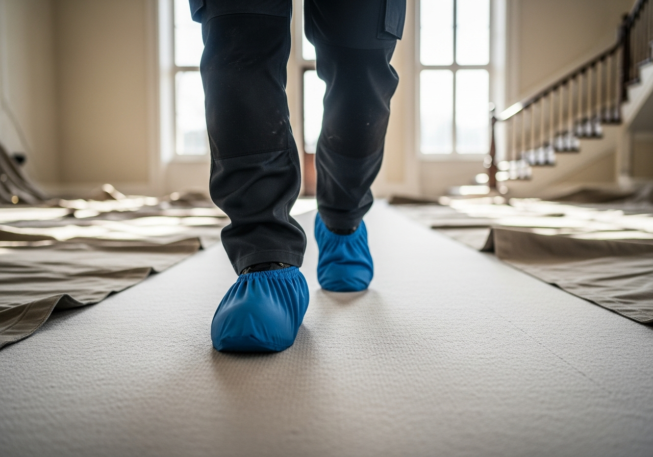 Technician laying protective dust sheets before loft installation work